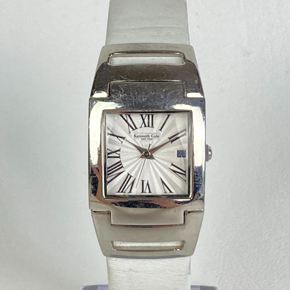 Kenneth Cole Watch Women Silver Tone Square Date Leather Band New Battery 8.25"